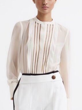 REISS Band Collar Stripe Cut-Out Mesh Blouse in Cream Size 4